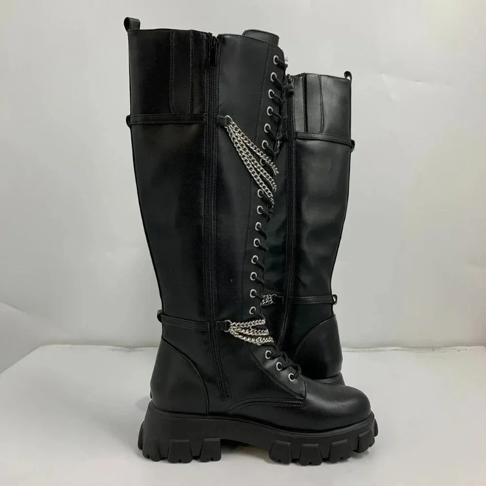 Hot Topic Women’s Black Chains Platform Side Zip Knee-High Boots Size 10 NWOB - Picture 4 of 16